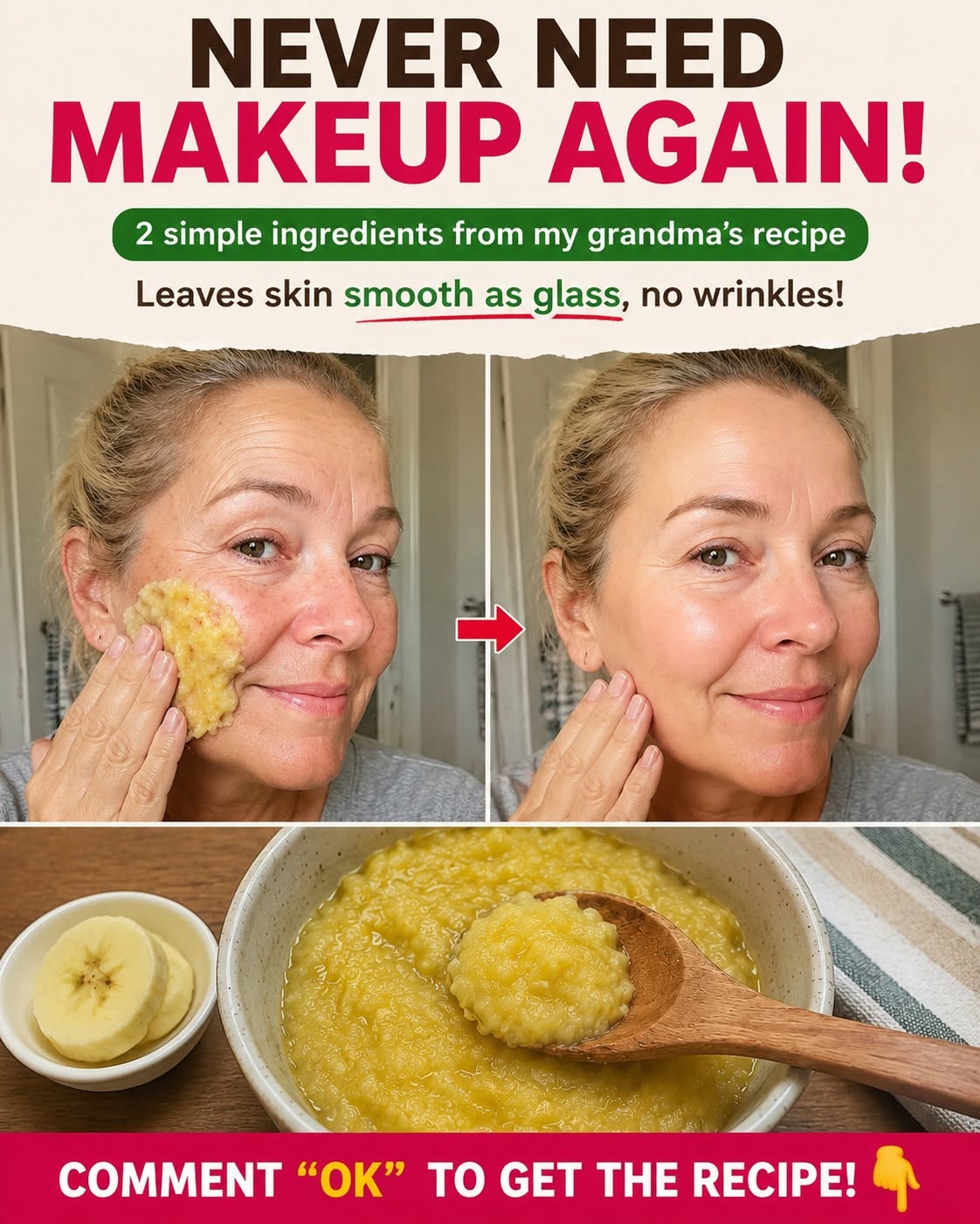 You’ll NEVER need makeup again! My grandmother mixed two ingredients and has skin as clear as glass, without wrinkles… To continue receiving m